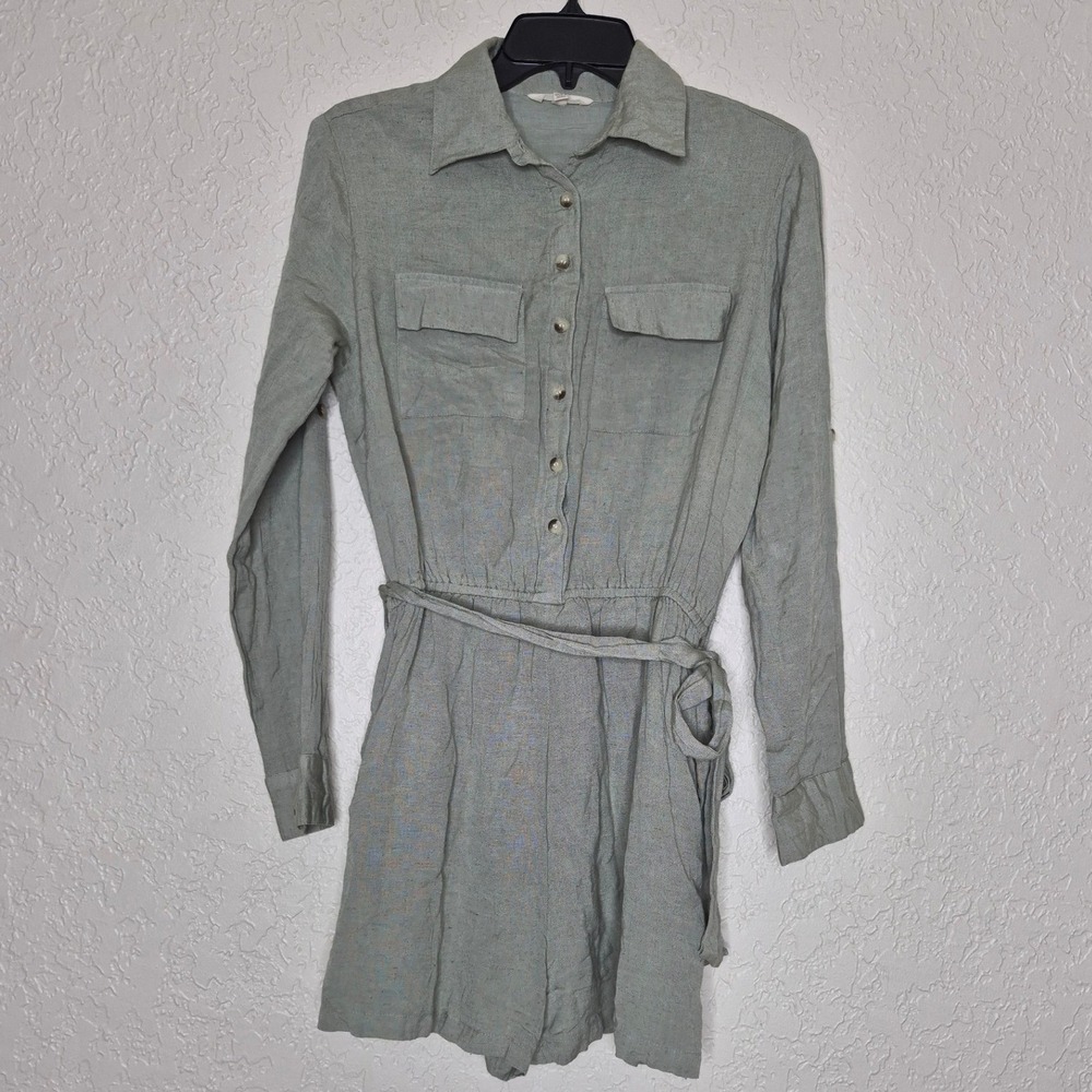 Sim & Sam Sage Green Linen Blend Utility Romper Button Front Long Sleeve L